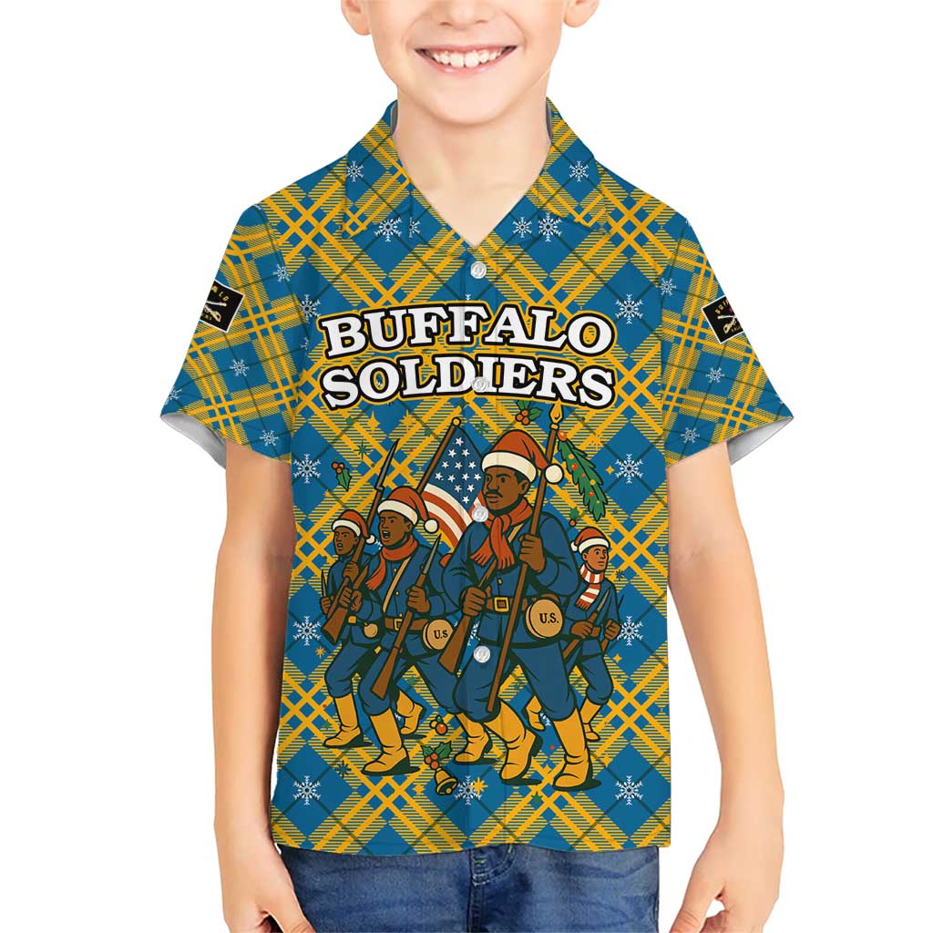 Buffalo Soldiers Christmas Family Matching Short Sleeve Bodycon Dress and Hawaiian Shirt with Blue Yellow Plaid Parade Illustration Design - Wonder Print Shop