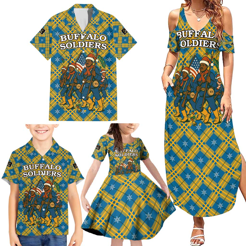Buffalo Soldiers Christmas Family Matching Summer Maxi Dress and Hawaiian Shirt with Blue Yellow Plaid Parade Illustration Design - Wonder Print Shop