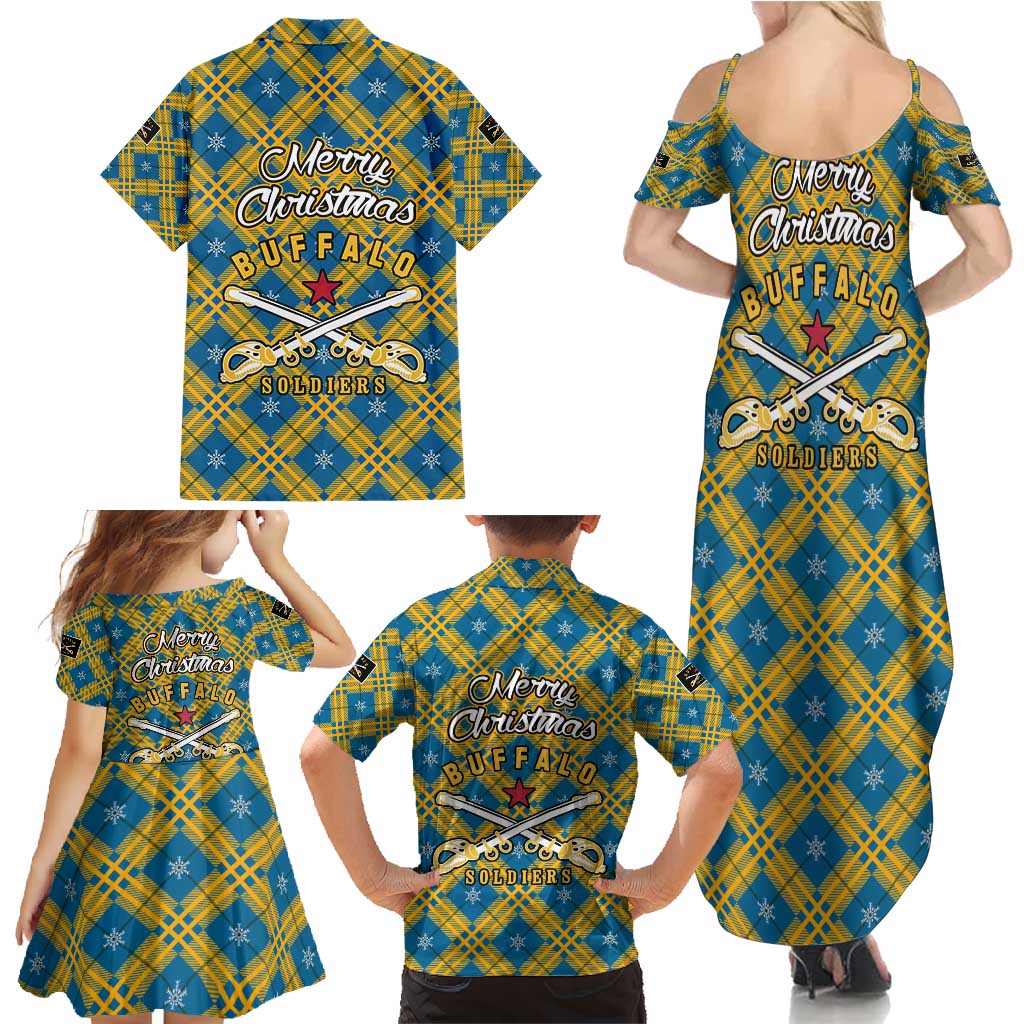 Buffalo Soldiers Christmas Family Matching Summer Maxi Dress and Hawaiian Shirt with Blue Yellow Plaid Parade Illustration Design - Wonder Print Shop