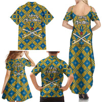 Buffalo Soldiers Christmas Family Matching Summer Maxi Dress and Hawaiian Shirt with Blue Yellow Plaid Parade Illustration Design - Wonder Print Shop