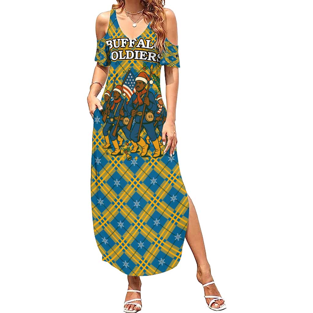 Buffalo Soldiers Christmas Family Matching Summer Maxi Dress and Hawaiian Shirt with Blue Yellow Plaid Parade Illustration Design - Wonder Print Shop