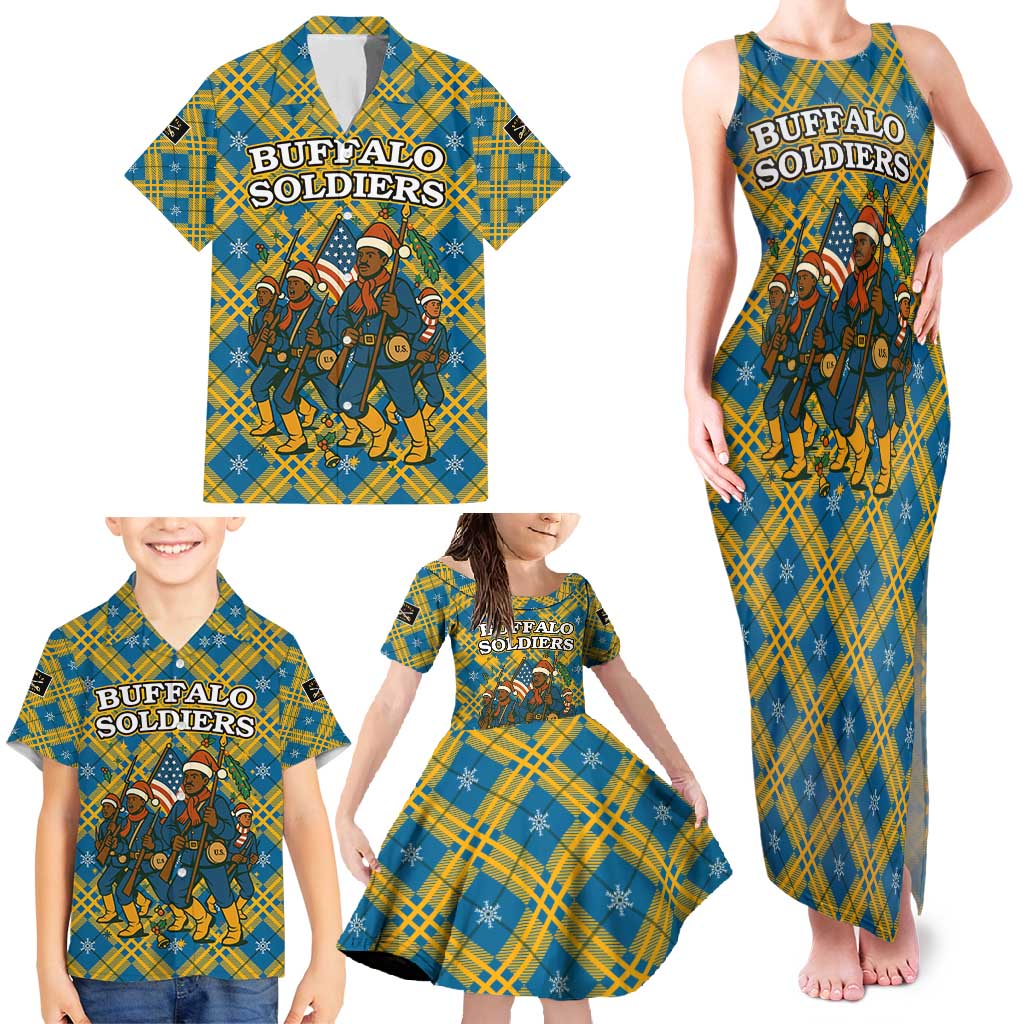 Buffalo Soldiers Christmas Family Matching Tank Maxi Dress and Hawaiian Shirt with Blue Yellow Plaid Parade Illustration Design - Wonder Print Shop