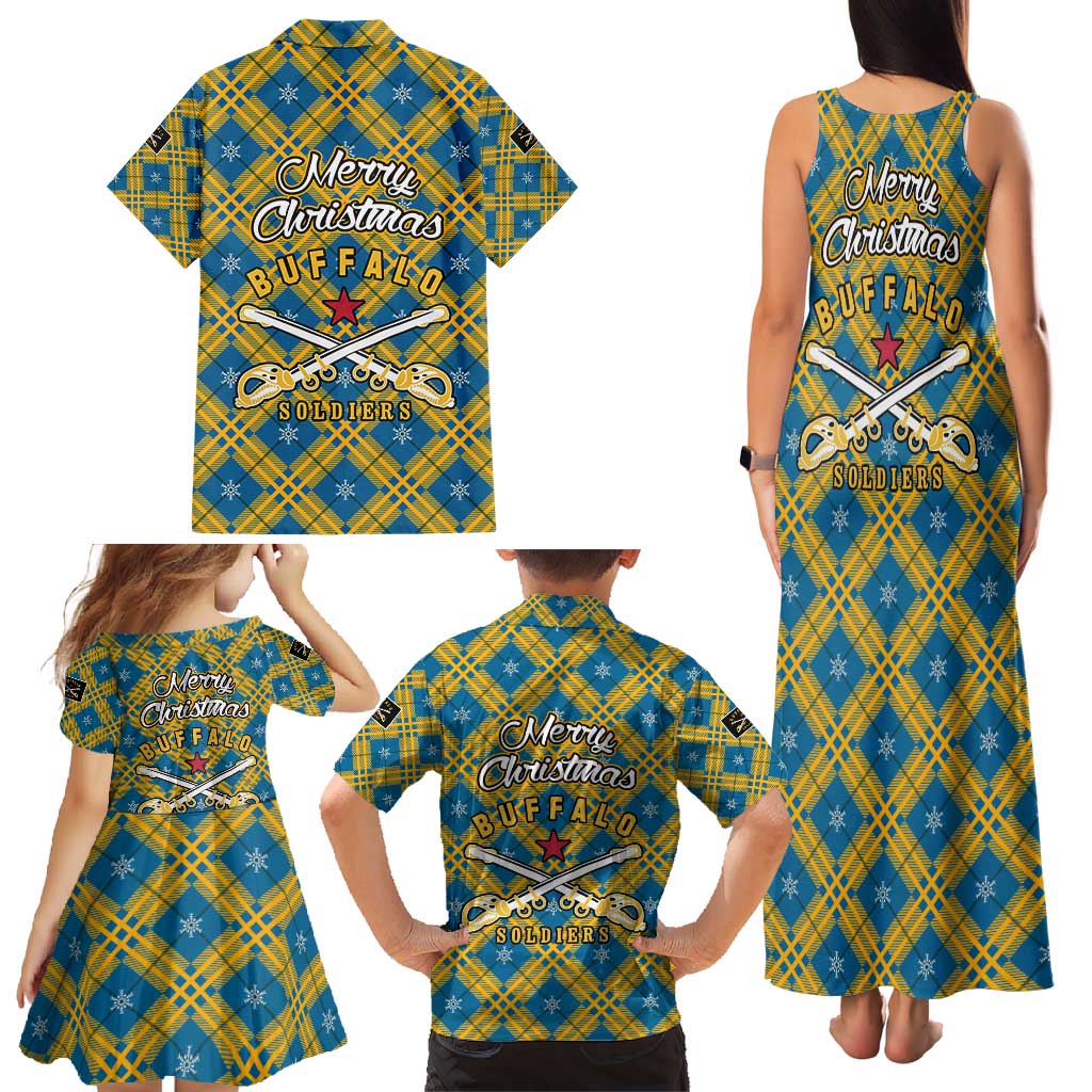 Buffalo Soldiers Christmas Family Matching Tank Maxi Dress and Hawaiian Shirt with Blue Yellow Plaid Parade Illustration Design - Wonder Print Shop