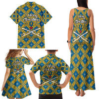 Buffalo Soldiers Christmas Family Matching Tank Maxi Dress and Hawaiian Shirt with Blue Yellow Plaid Parade Illustration Design - Wonder Print Shop
