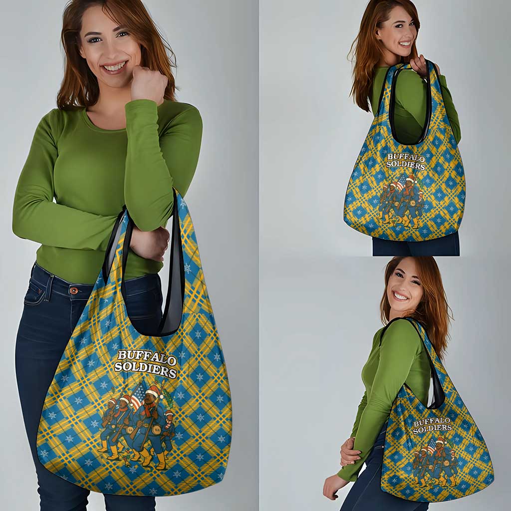 Buffalo Soldiers Christmas Grocery Bag with Blue Yellow Plaid Parade Illustration Design - Wonder Print Shop