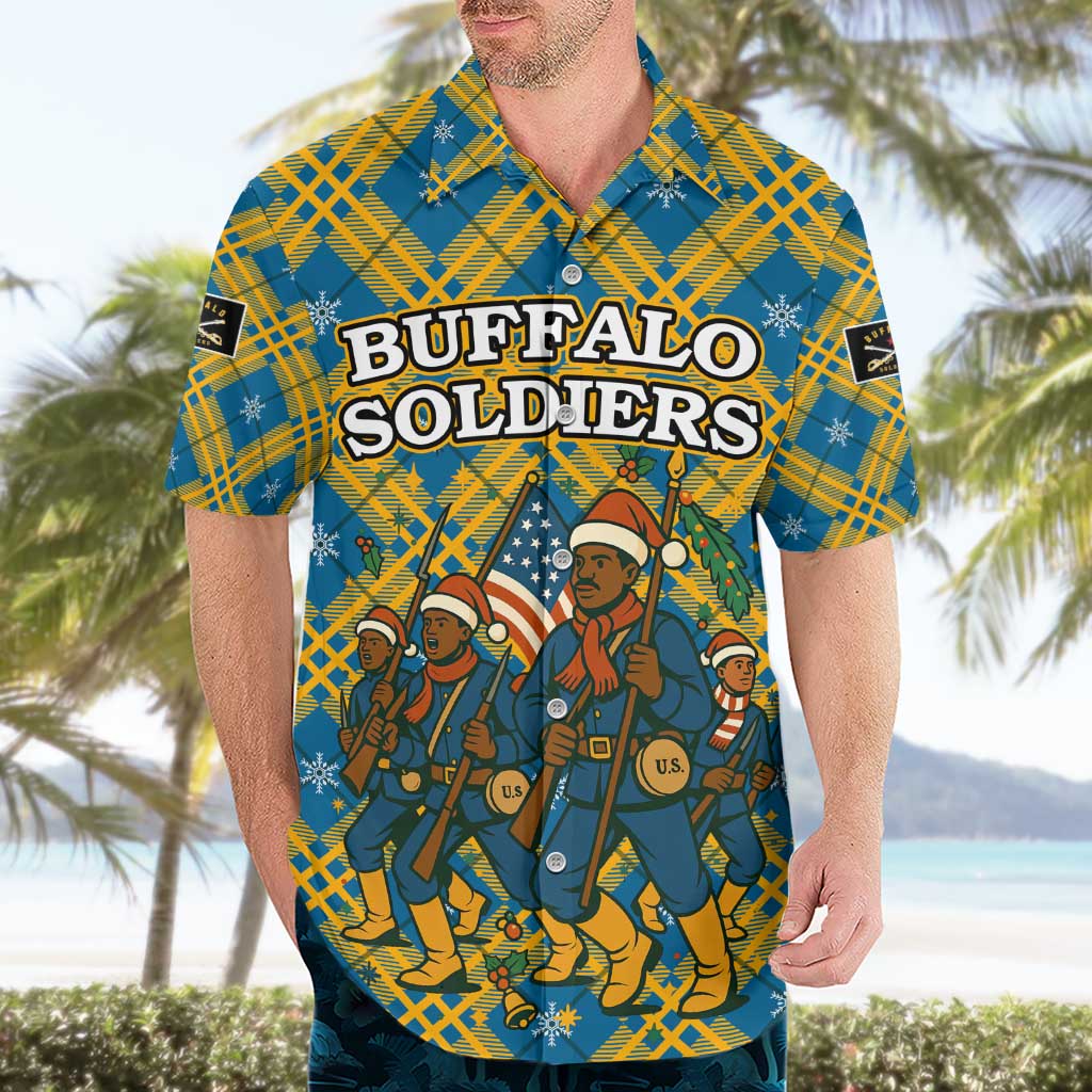 Buffalo Soldiers Christmas Hawaiian Shirt with Blue Yellow Plaid Parade Illustration Design - Wonder Print Shop