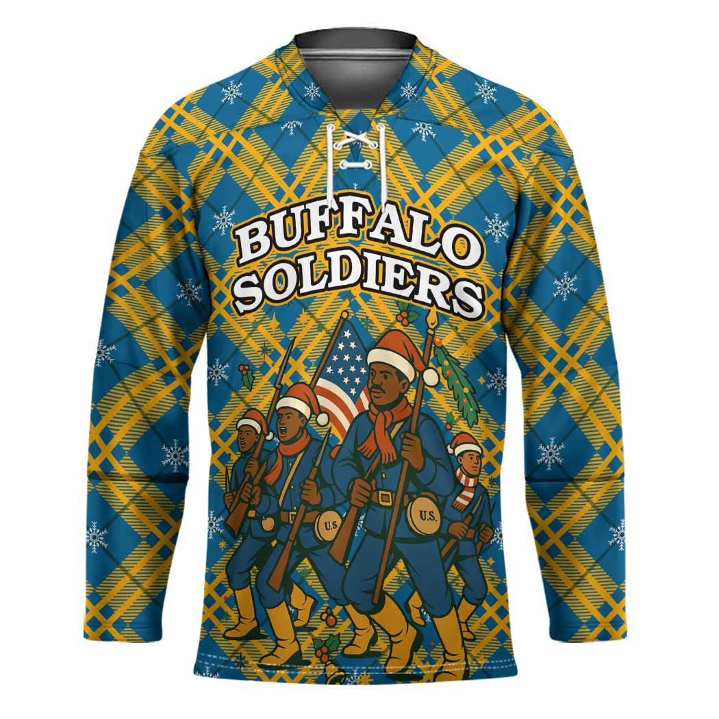 Buffalo Soldiers Christmas Hockey Jersey with Blue Yellow Plaid Parade Illustration Design - Wonder Print Shop
