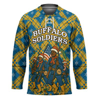 Buffalo Soldiers Christmas Hockey Jersey with Blue Yellow Plaid Parade Illustration Design - Wonder Print Shop