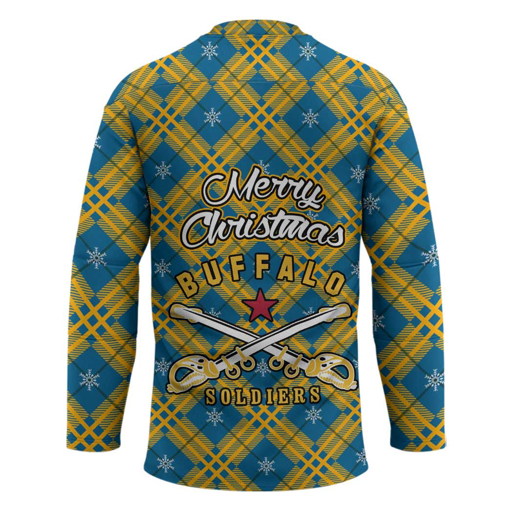 Buffalo Soldiers Christmas Hockey Jersey with Blue Yellow Plaid Parade Illustration Design - Wonder Print Shop