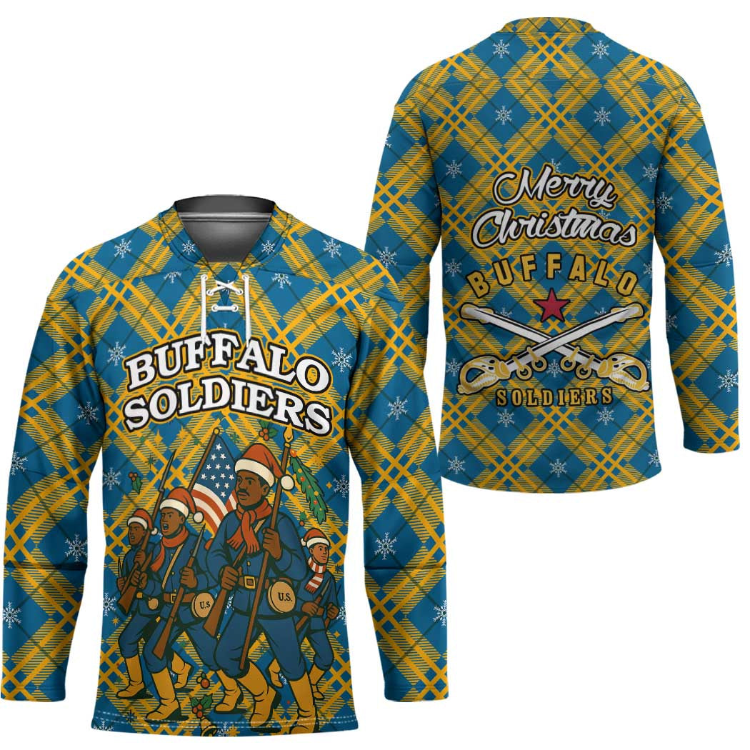 Buffalo Soldiers Christmas Hockey Jersey with Blue Yellow Plaid Parade Illustration Design - Wonder Print Shop