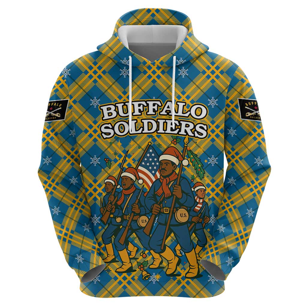 Buffalo Soldiers Christmas Hoodie with Blue Yellow Plaid Parade Illustration Design - Wonder Print Shop