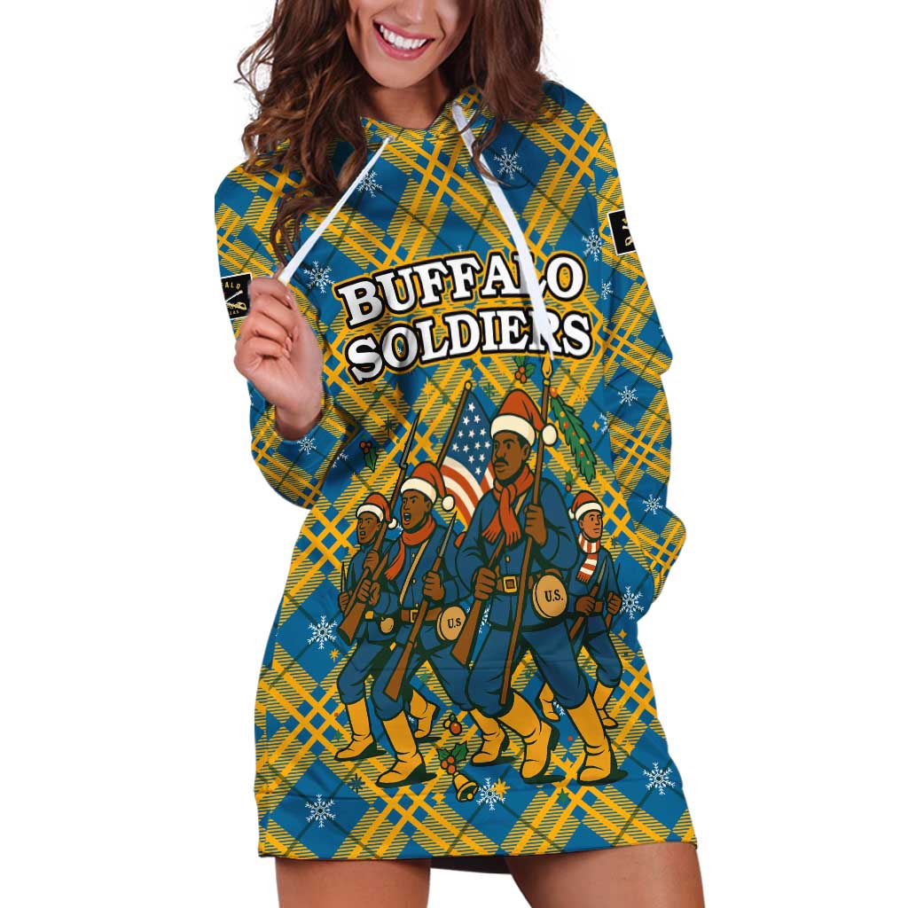 Buffalo Soldiers Christmas Hoodie Dress with Blue Yellow Plaid Parade Illustration Design - Wonder Print Shop