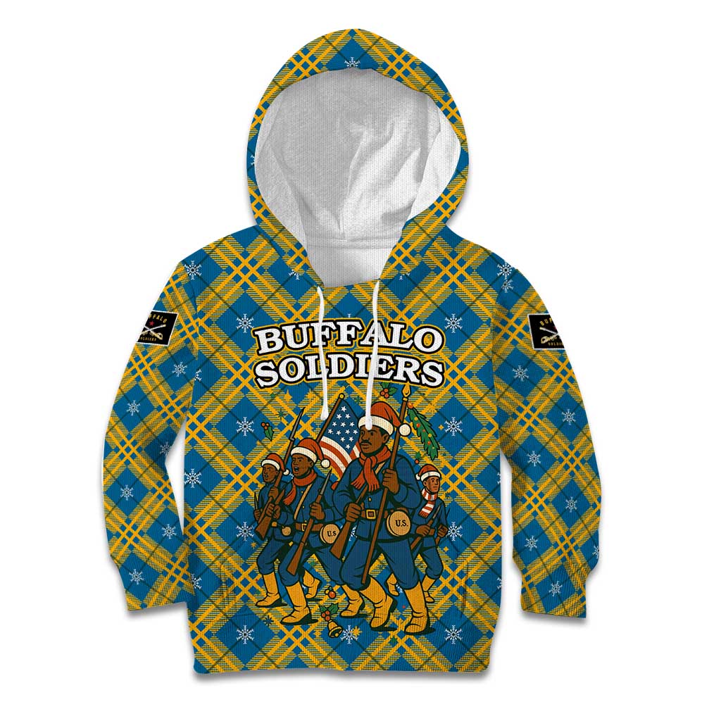 Buffalo Soldiers Christmas Kid Hoodie with Blue Yellow Plaid Parade Illustration Design - Wonder Print Shop