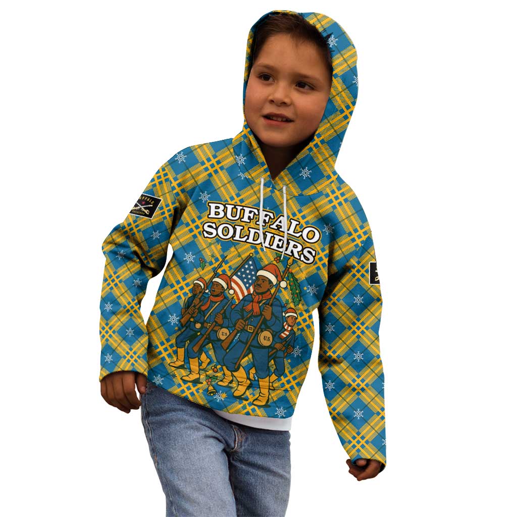 Buffalo Soldiers Christmas Kid Hoodie with Blue Yellow Plaid Parade Illustration Design - Wonder Print Shop