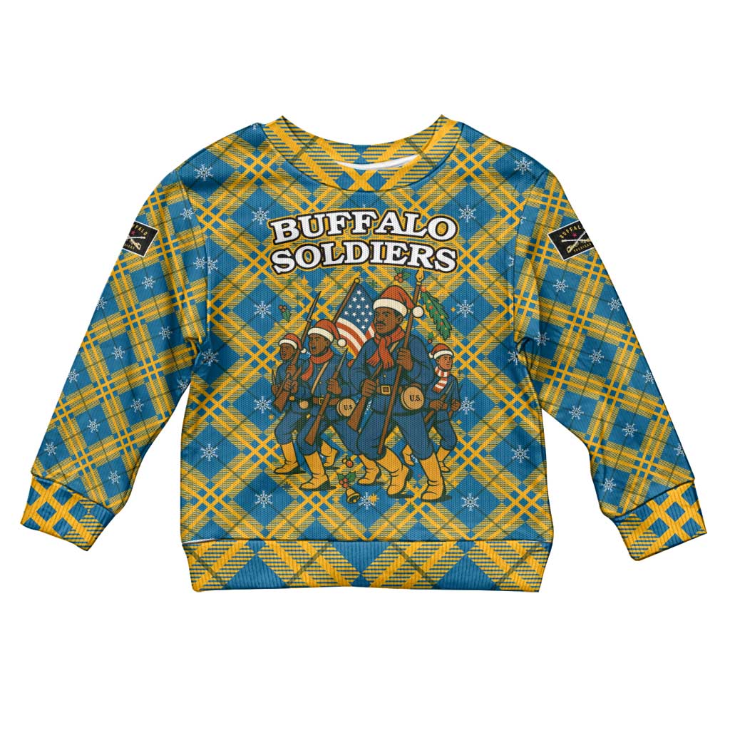 Buffalo Soldiers Christmas Kid Ugly Christmas Sweater with Blue Yellow Plaid Parade Illustration Design - Wonder Print Shop
