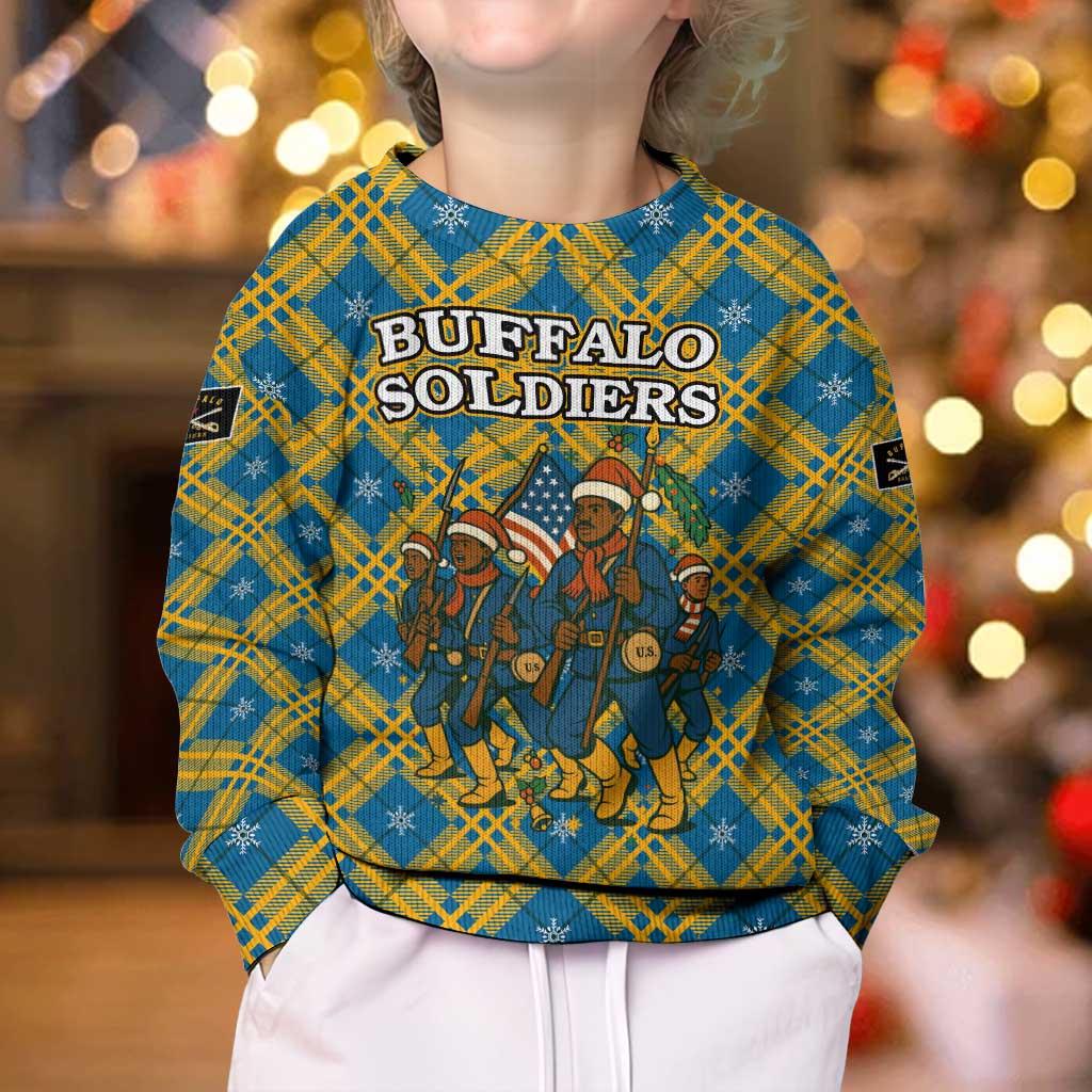 Buffalo Soldiers Christmas Kid Ugly Christmas Sweater with Blue Yellow Plaid Parade Illustration Design - Wonder Print Shop