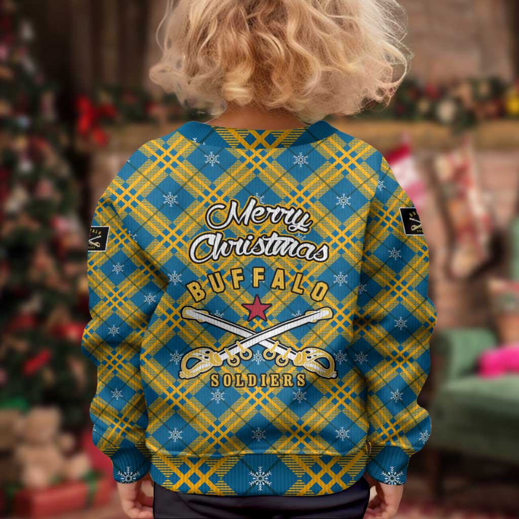 Buffalo Soldiers Christmas Kid Ugly Christmas Sweater with Blue Yellow Plaid Parade Illustration Design - Wonder Print Shop