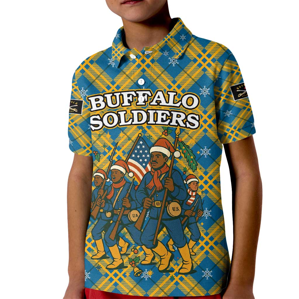 Buffalo Soldiers Christmas Kid Polo Shirt with Blue Yellow Plaid Parade Illustration Design - Wonder Print Shop