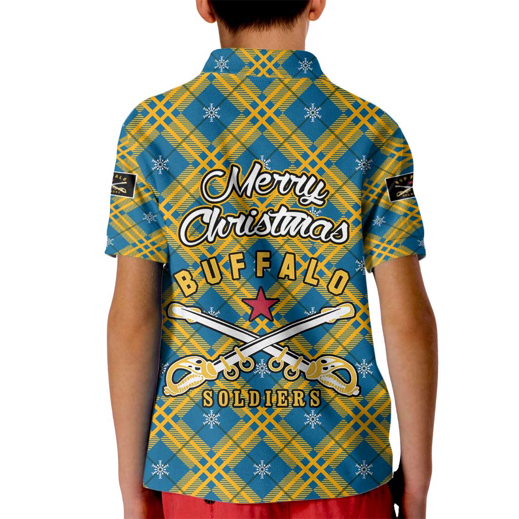 Buffalo Soldiers Christmas Kid Polo Shirt with Blue Yellow Plaid Parade Illustration Design - Wonder Print Shop