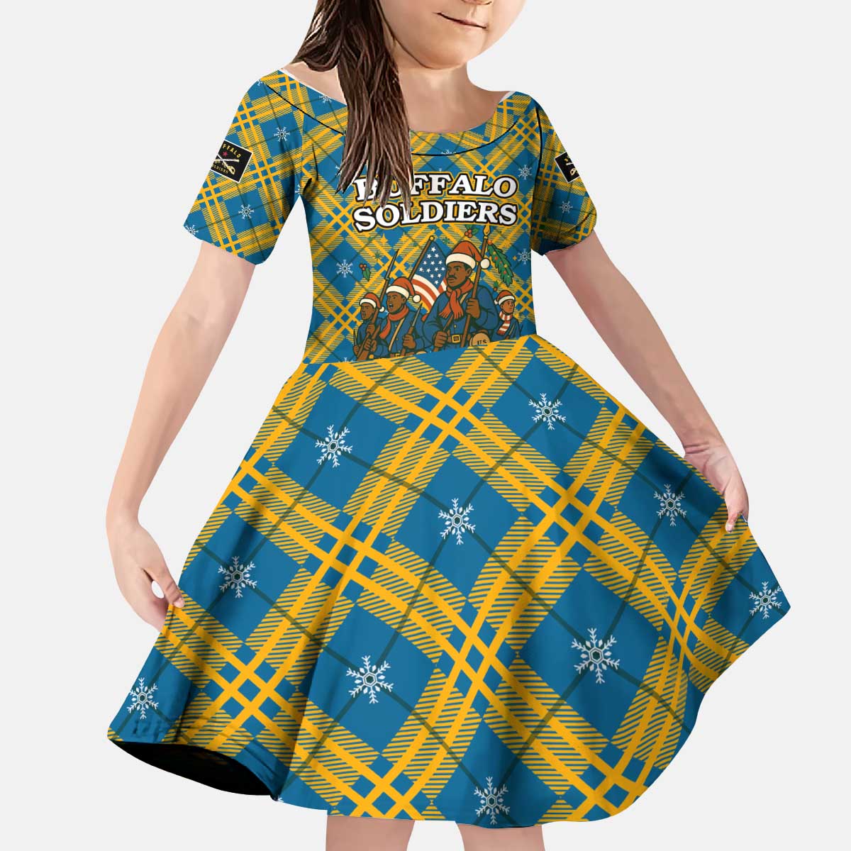 Buffalo Soldiers Christmas Kid Short Sleeve Dress with Blue Yellow Plaid Parade Illustration Design - Wonder Print Shop