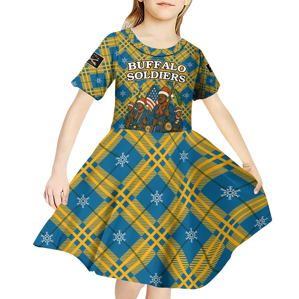 Buffalo Soldiers Christmas Kid Short Sleeve Dress with Blue Yellow Plaid Parade Illustration Design - Wonder Print Shop