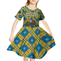 Buffalo Soldiers Christmas Kid Short Sleeve Dress with Blue Yellow Plaid Parade Illustration Design - Wonder Print Shop