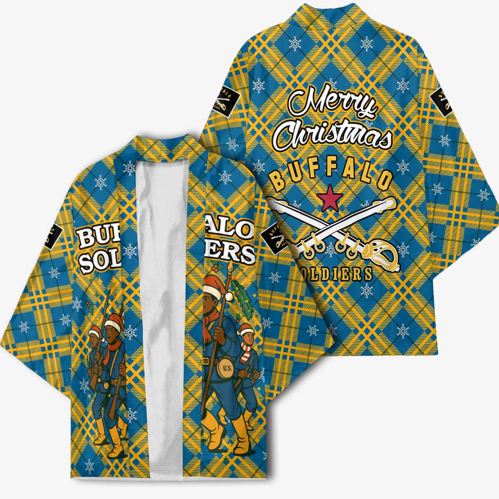 Buffalo Soldiers Christmas Kimono with Blue Yellow Plaid Parade Illustration Design - Wonder Print Shop