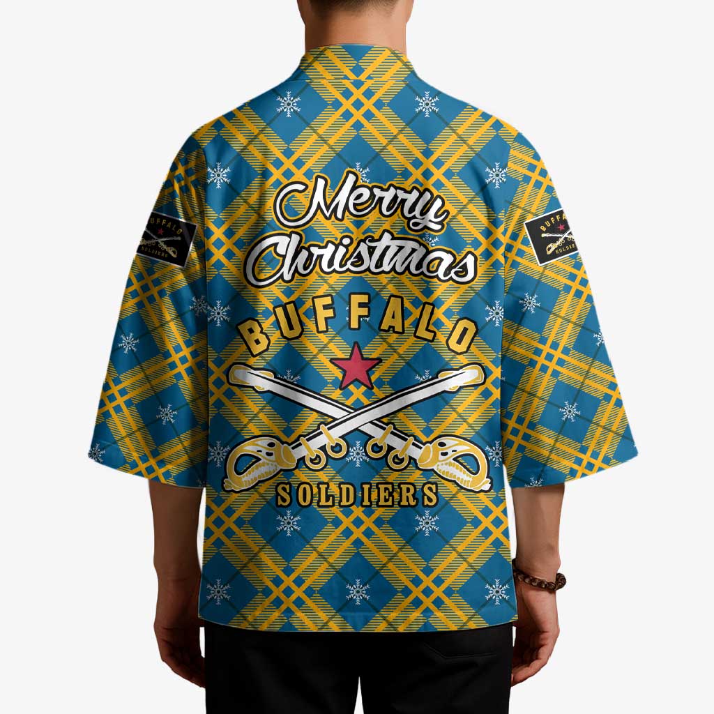Buffalo Soldiers Christmas Kimono with Blue Yellow Plaid Parade Illustration Design - Wonder Print Shop