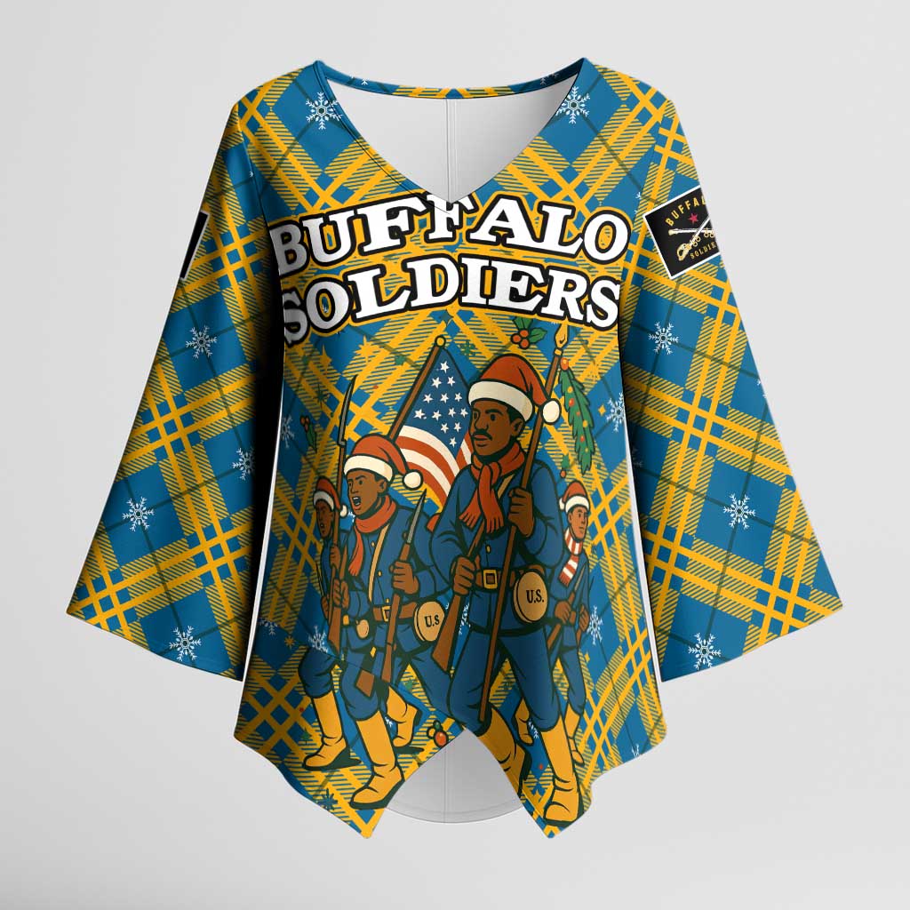 Buffalo Soldiers Christmas Kimono Sleeve Blouse with Blue Yellow Plaid Parade Illustration Design - Wonder Print Shop