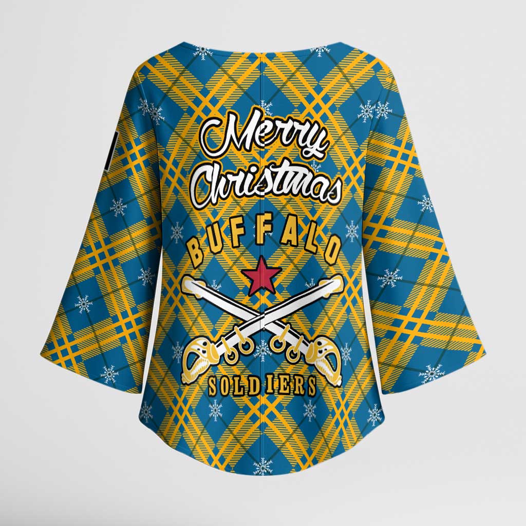 Buffalo Soldiers Christmas Kimono Sleeve Blouse with Blue Yellow Plaid Parade Illustration Design - Wonder Print Shop