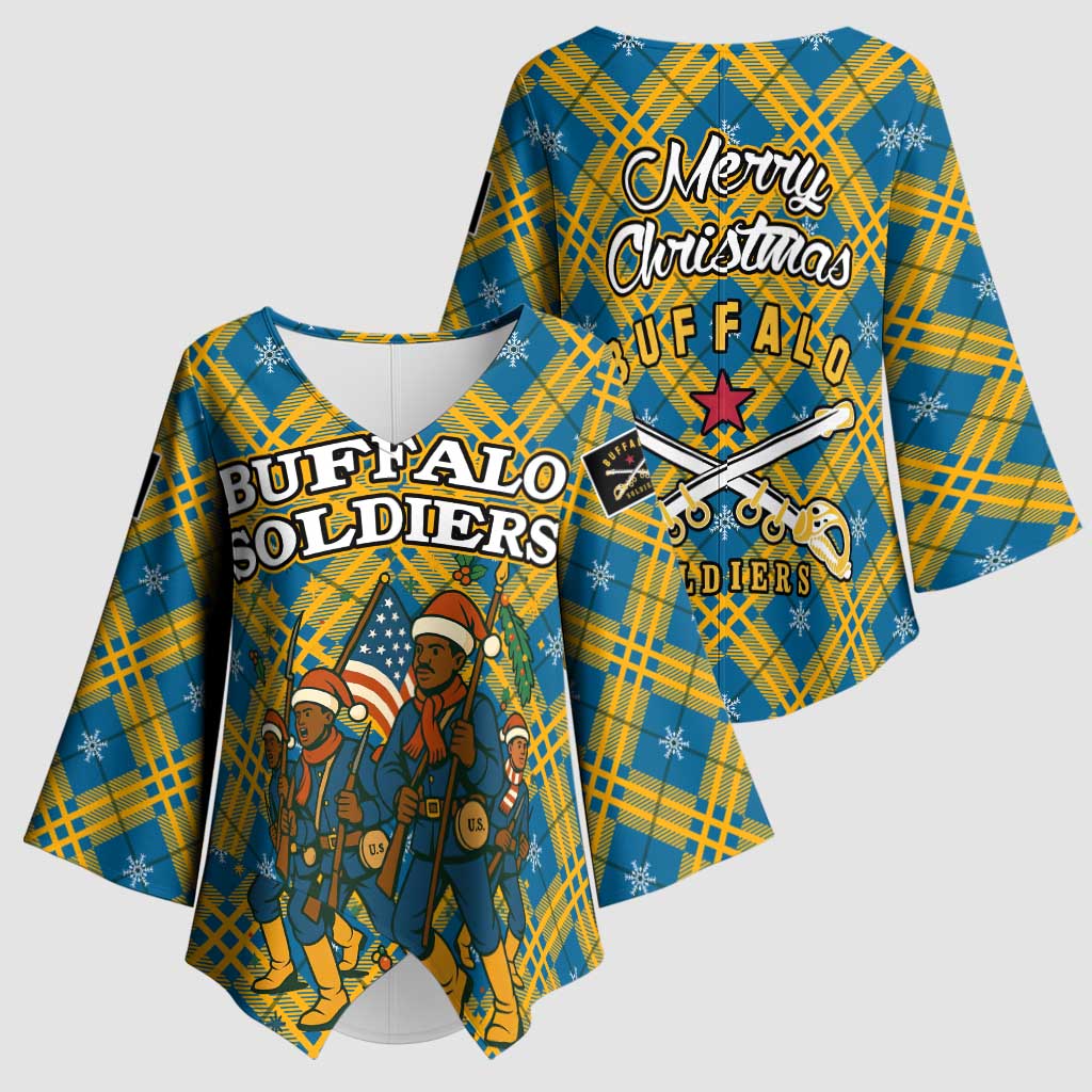 Buffalo Soldiers Christmas Kimono Sleeve Blouse with Blue Yellow Plaid Parade Illustration Design - Wonder Print Shop