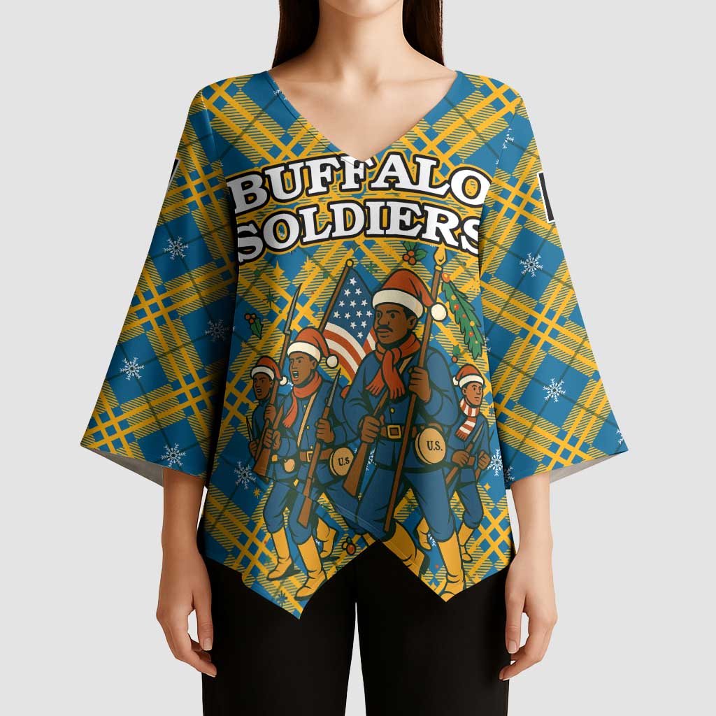 Buffalo Soldiers Christmas Kimono Sleeve Blouse with Blue Yellow Plaid Parade Illustration Design - Wonder Print Shop