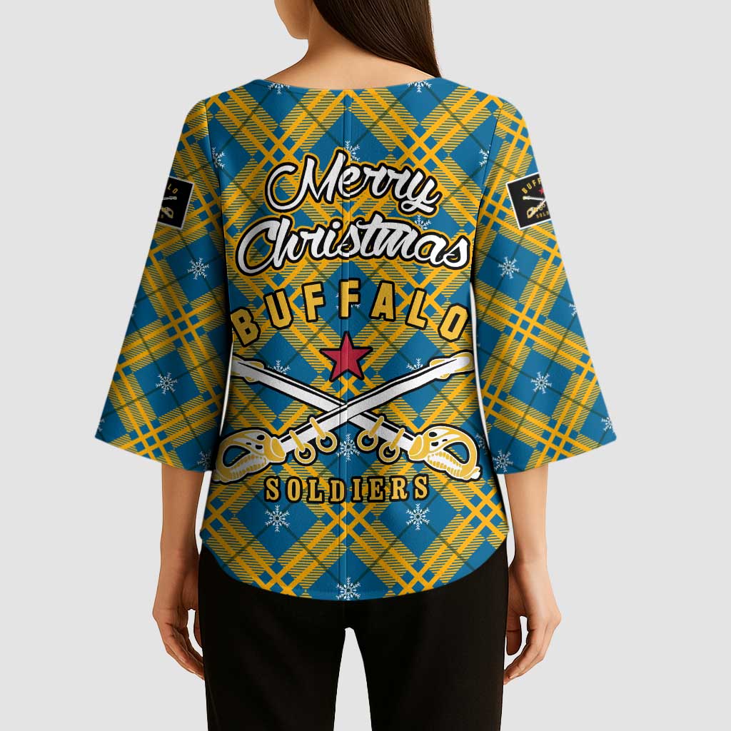 Buffalo Soldiers Christmas Kimono Sleeve Blouse with Blue Yellow Plaid Parade Illustration Design - Wonder Print Shop