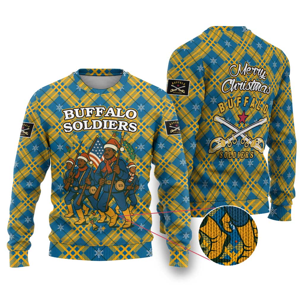 Buffalo Soldiers Christmas Ugly Christmas Sweater with Blue Yellow Plaid Parade Illustration Design - Wonder Print Shop