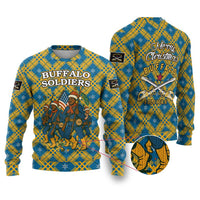 Buffalo Soldiers Christmas Ugly Christmas Sweater with Blue Yellow Plaid Parade Illustration Design - Wonder Print Shop