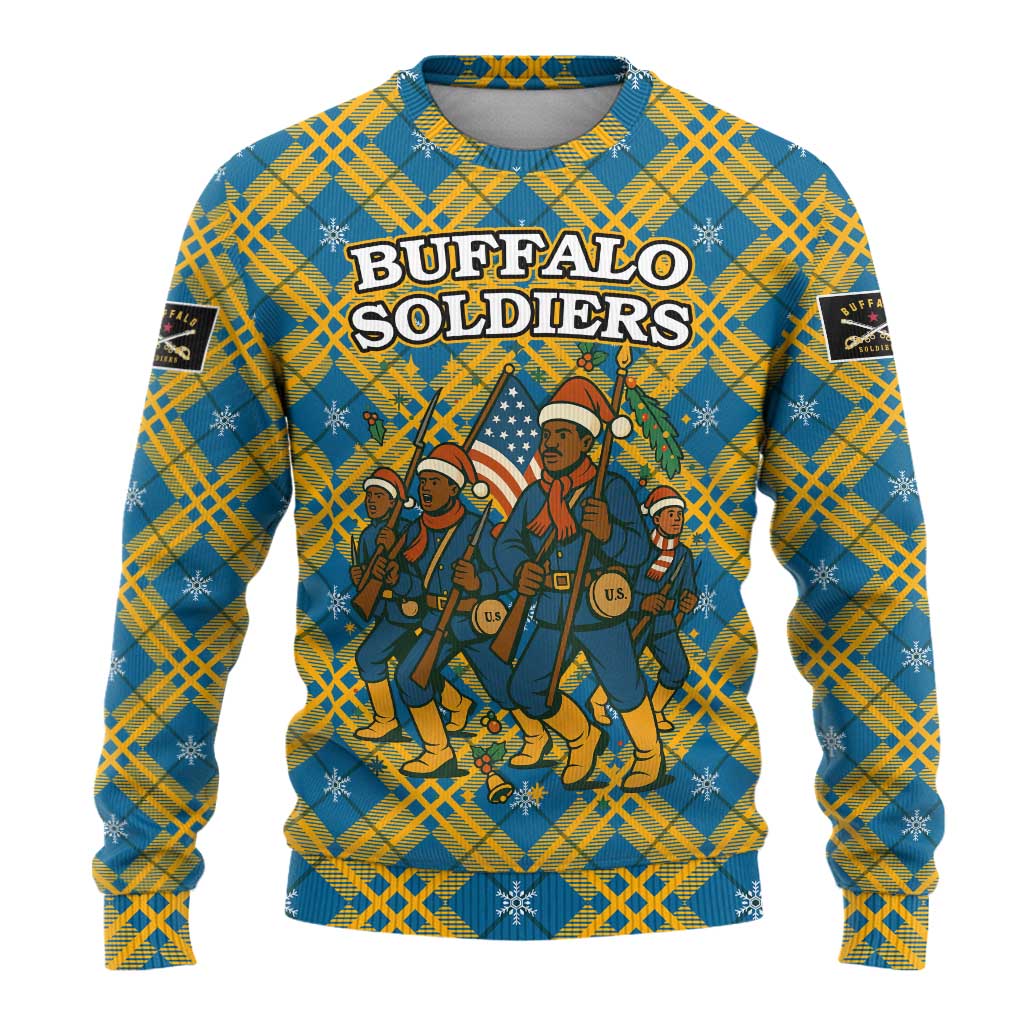 Buffalo Soldiers Christmas Ugly Christmas Sweater with Blue Yellow Plaid Parade Illustration Design - Wonder Print Shop