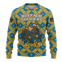 Buffalo Soldiers Christmas Ugly Christmas Sweater with Blue Yellow Plaid Parade Illustration Design - Wonder Print Shop