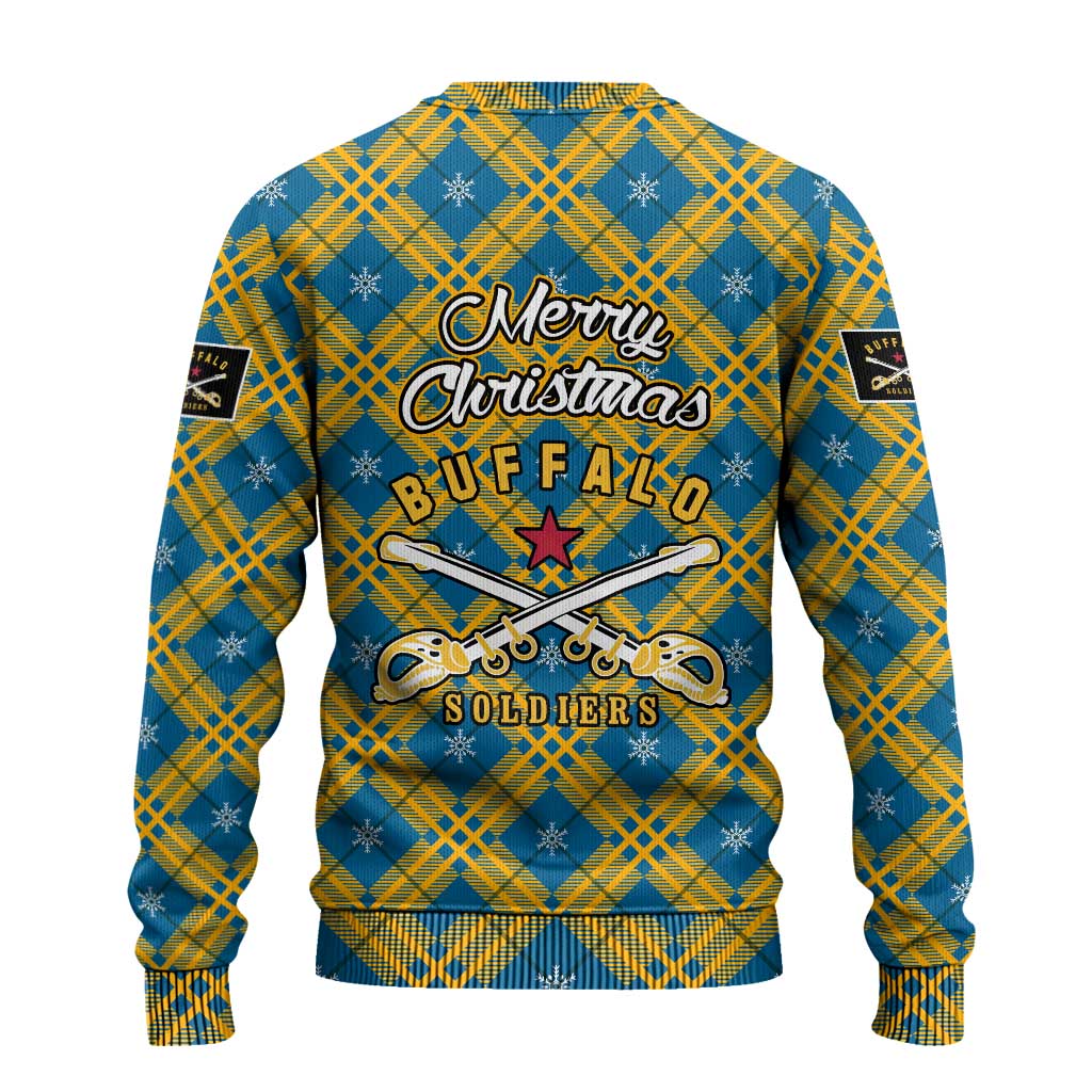 Buffalo Soldiers Christmas Ugly Christmas Sweater with Blue Yellow Plaid Parade Illustration Design - Wonder Print Shop