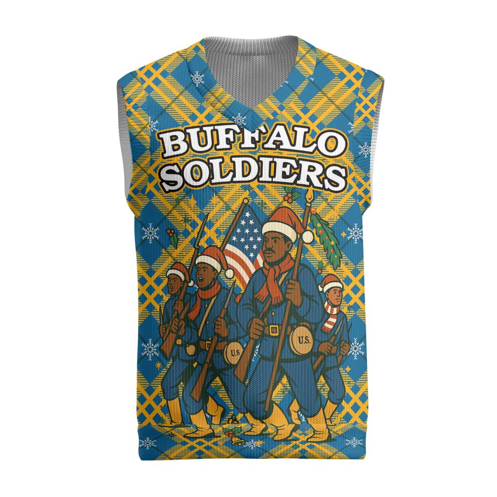 Buffalo Soldiers Christmas Knitted V-Neck Vest with Blue Yellow Plaid Parade Illustration Design - Wonder Print Shop