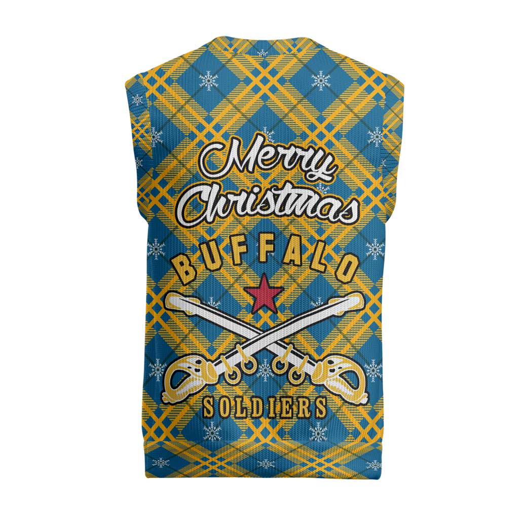 Buffalo Soldiers Christmas Knitted V-Neck Vest with Blue Yellow Plaid Parade Illustration Design - Wonder Print Shop