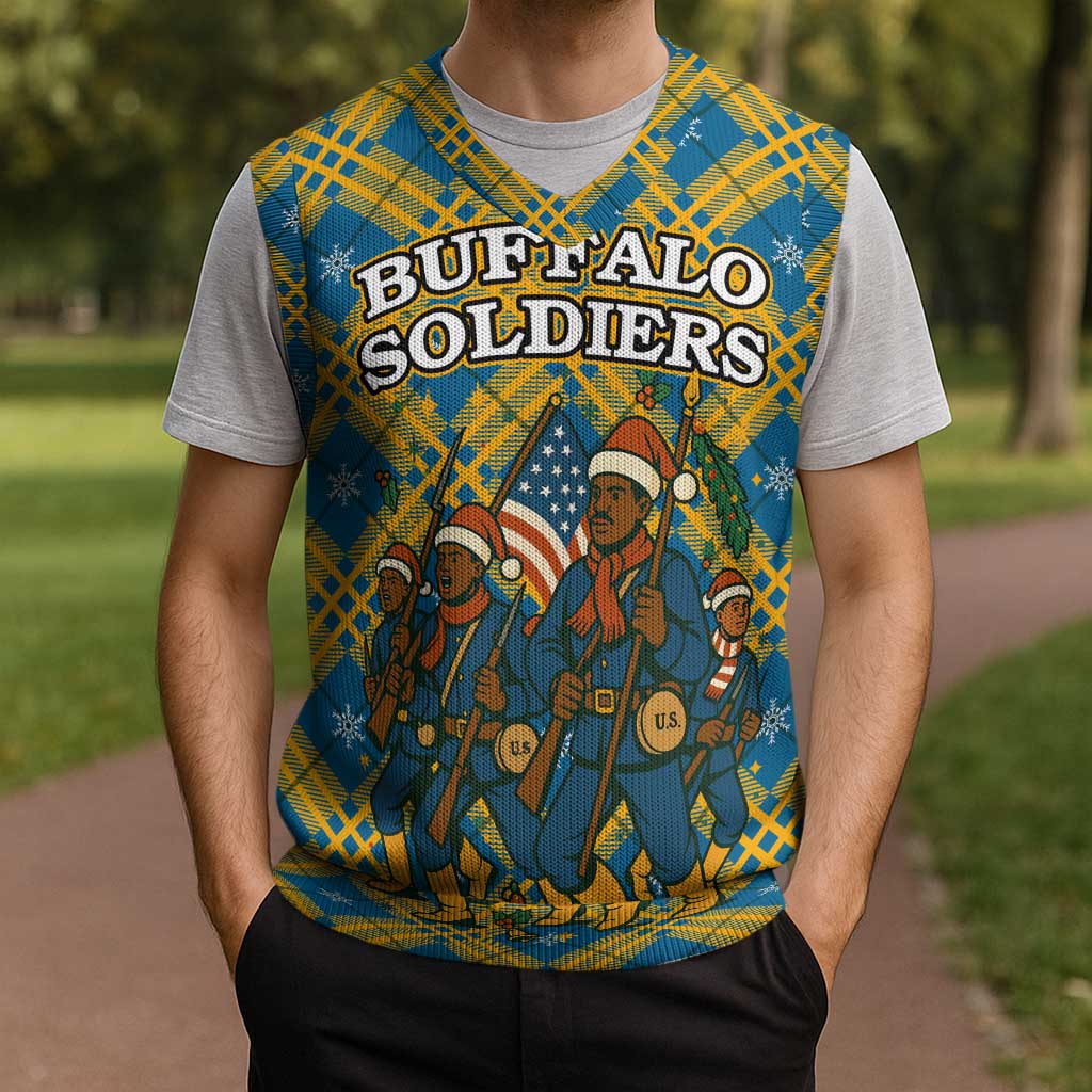Buffalo Soldiers Christmas Knitted V-Neck Vest with Blue Yellow Plaid Parade Illustration Design - Wonder Print Shop