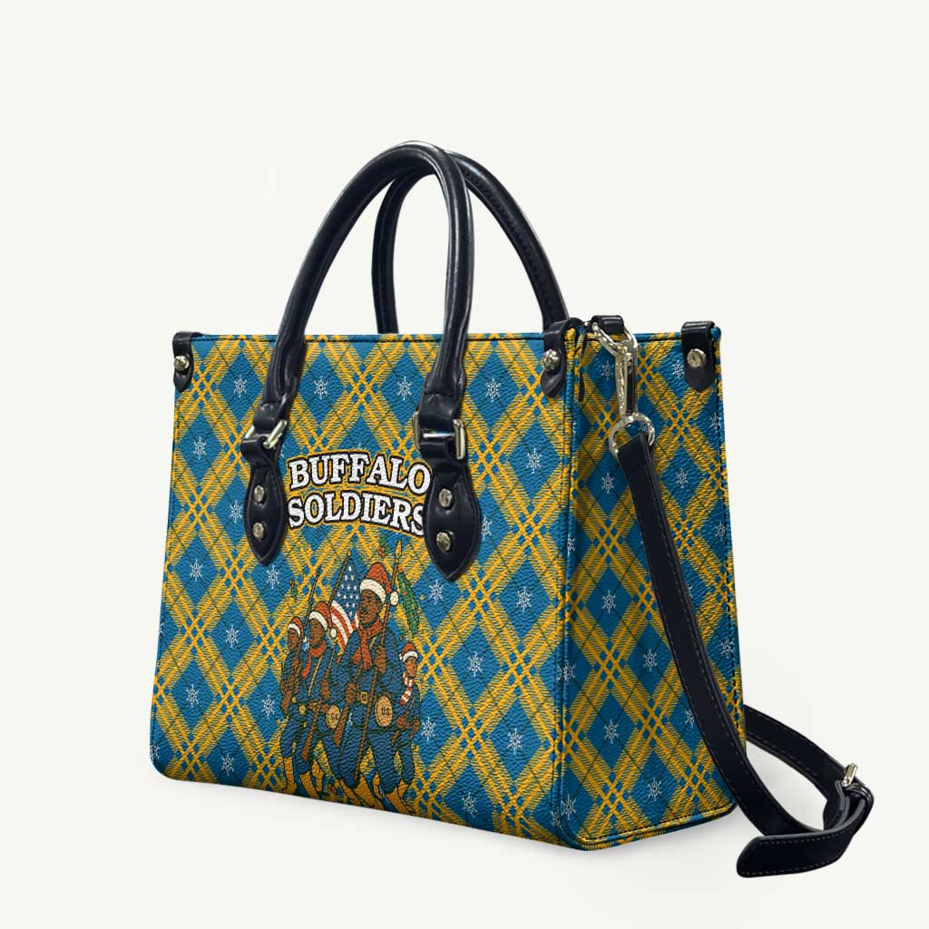 Buffalo Soldiers Christmas Leather Bag with Blue Yellow Plaid Parade Illustration Design - Wonder Print Shop