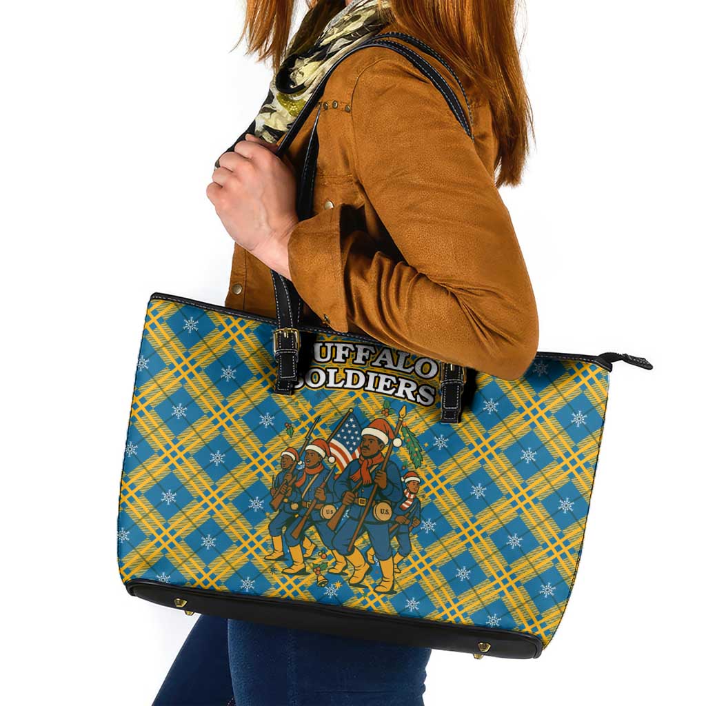 Buffalo Soldiers Christmas Leather Tote Bag with Blue Yellow Plaid Parade Illustration Design - Wonder Print Shop