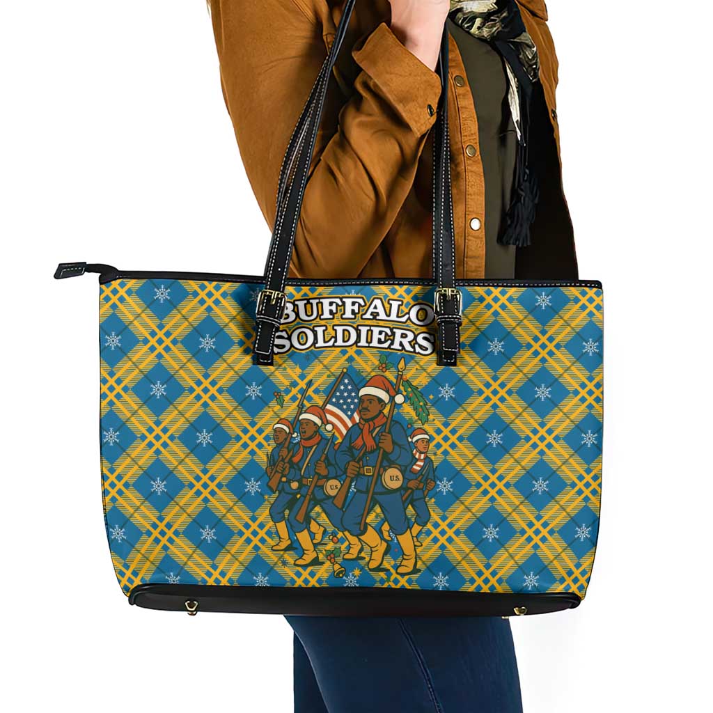 Buffalo Soldiers Christmas Leather Tote Bag with Blue Yellow Plaid Parade Illustration Design - Wonder Print Shop