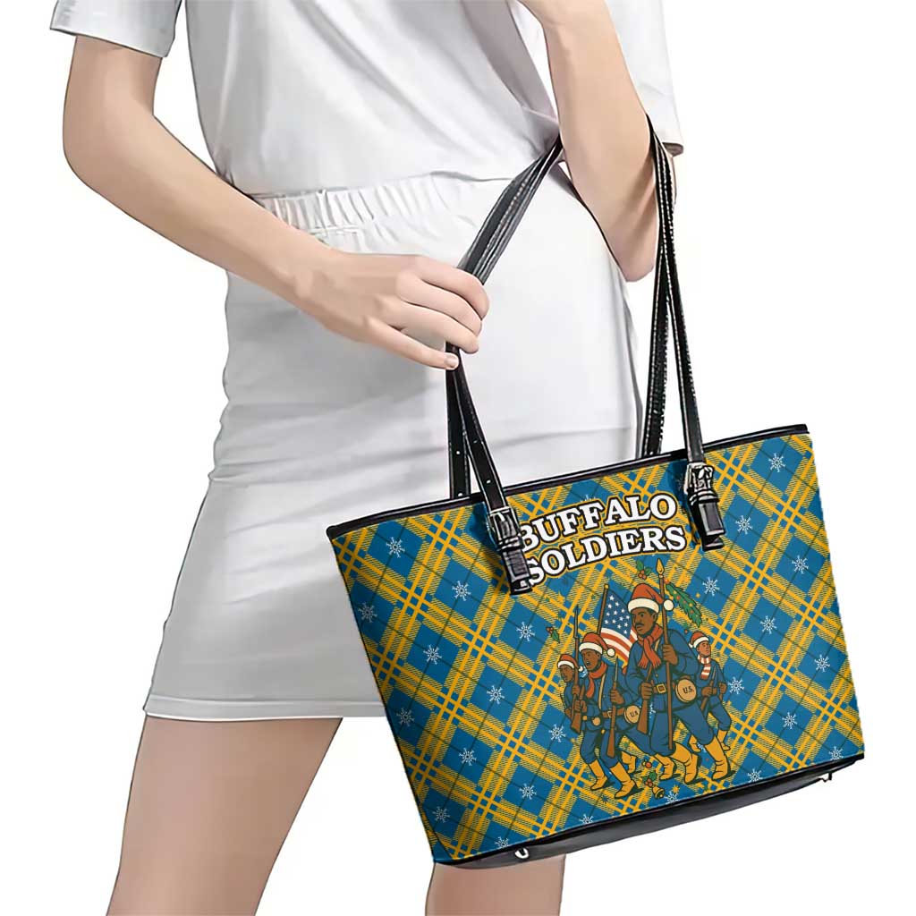 Buffalo Soldiers Christmas Leather Tote Bag with Blue Yellow Plaid Parade Illustration Design - Wonder Print Shop