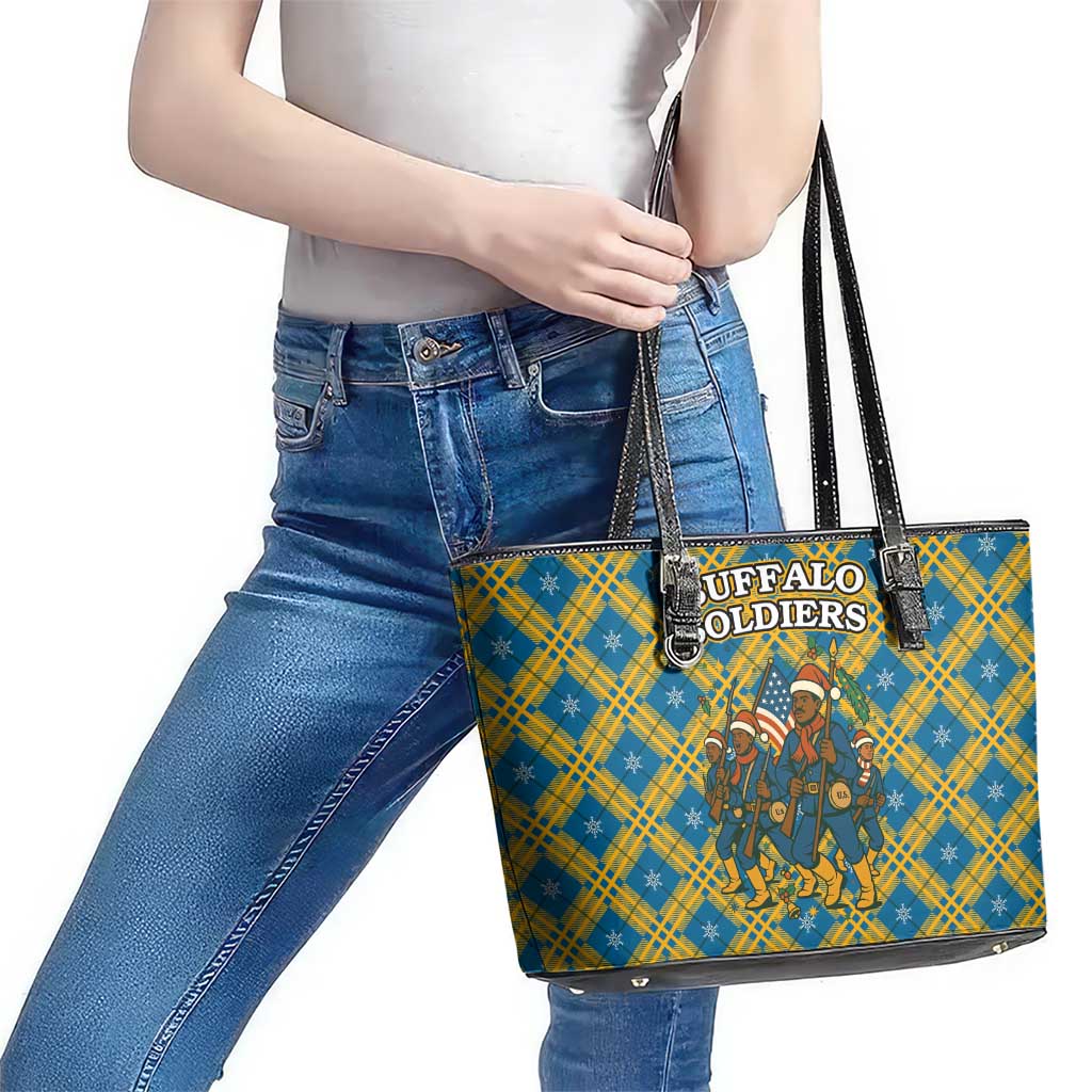 Buffalo Soldiers Christmas Leather Tote Bag with Blue Yellow Plaid Parade Illustration Design - Wonder Print Shop
