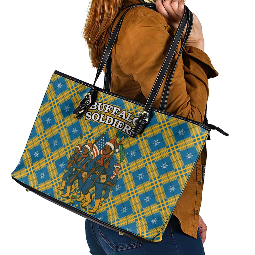 Buffalo Soldiers Christmas Leather Tote Bag with Blue Yellow Plaid Parade Illustration Design - Wonder Print Shop