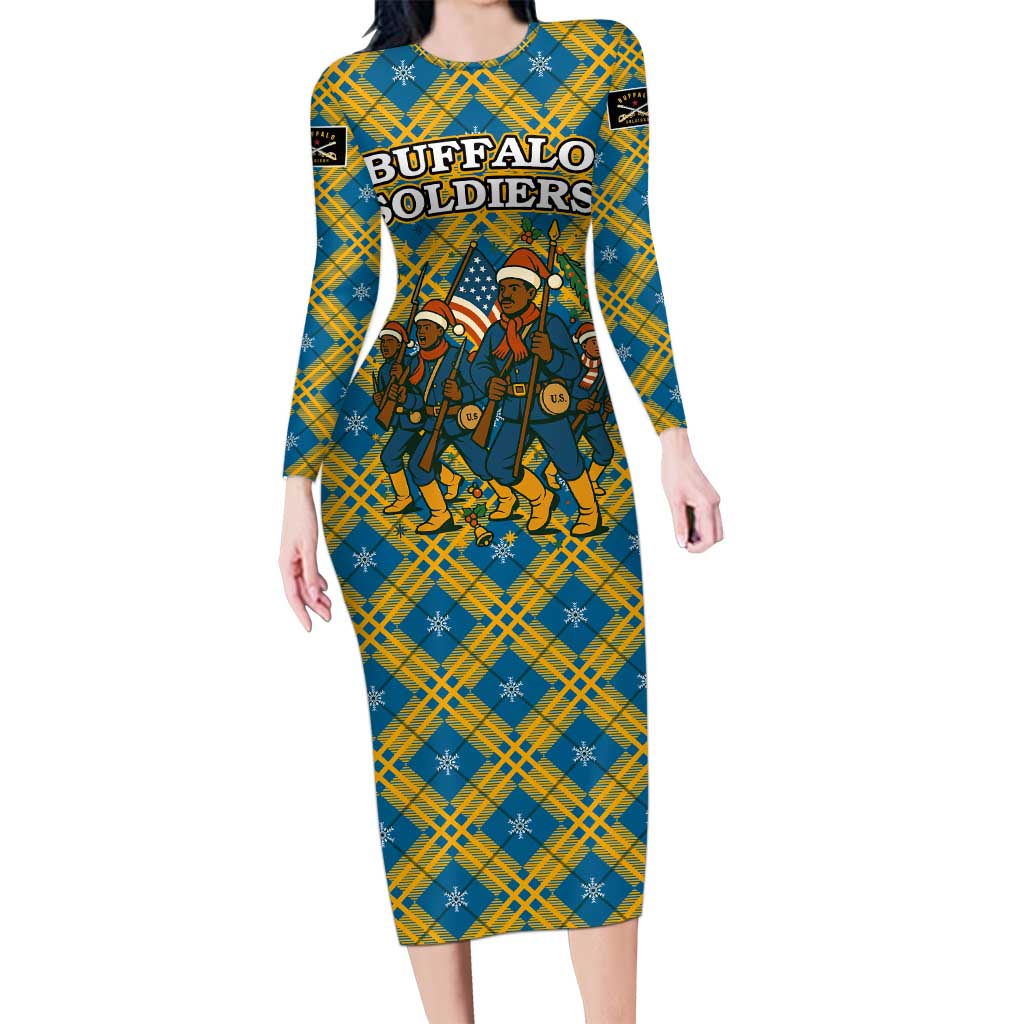Buffalo Soldiers Christmas Long Sleeve Bodycon Dress with Blue Yellow Plaid Parade Illustration Design - Wonder Print Shop
