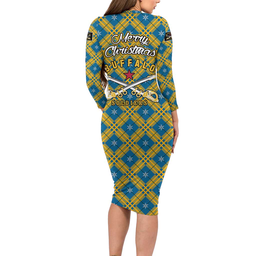 Buffalo Soldiers Christmas Long Sleeve Bodycon Dress with Blue Yellow Plaid Parade Illustration Design - Wonder Print Shop