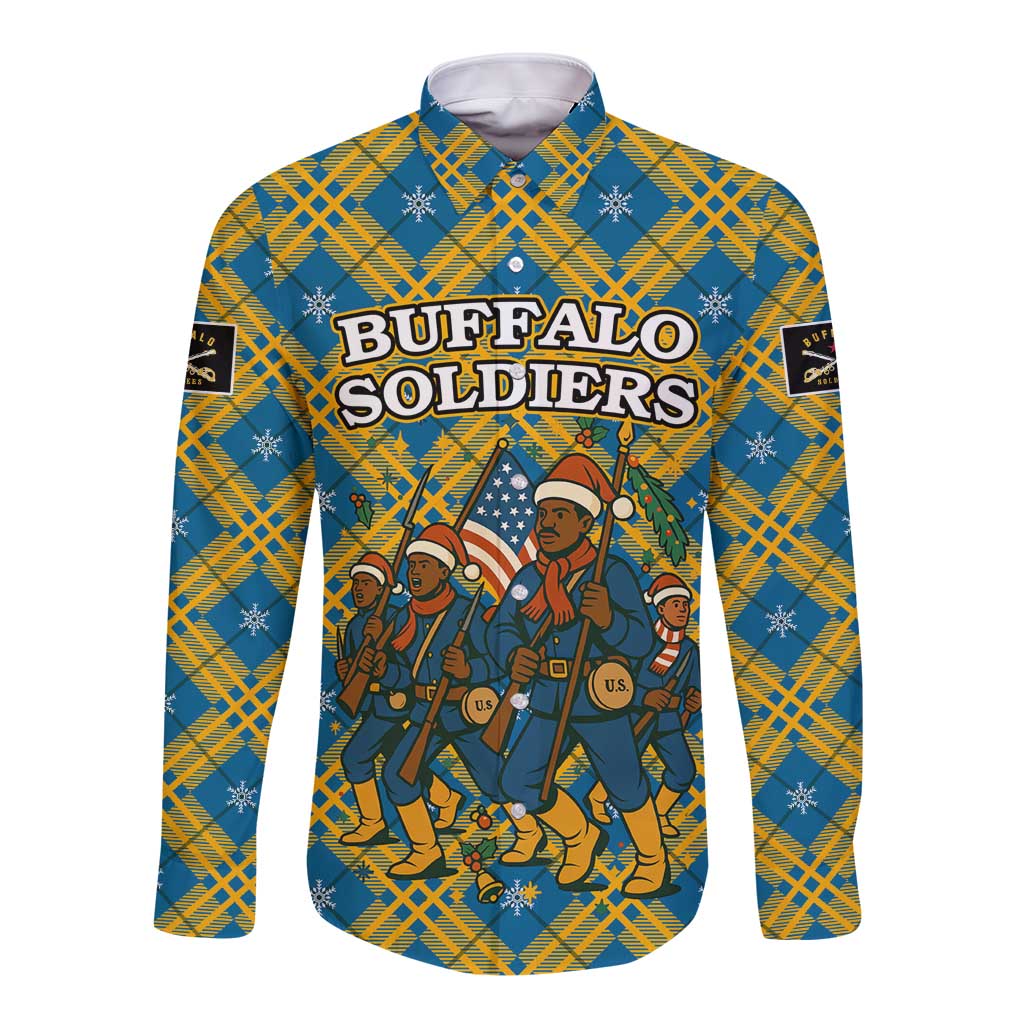 Buffalo Soldiers Christmas Long Sleeve Button Shirt with Blue Yellow Plaid Parade Illustration Design - Wonder Print Shop